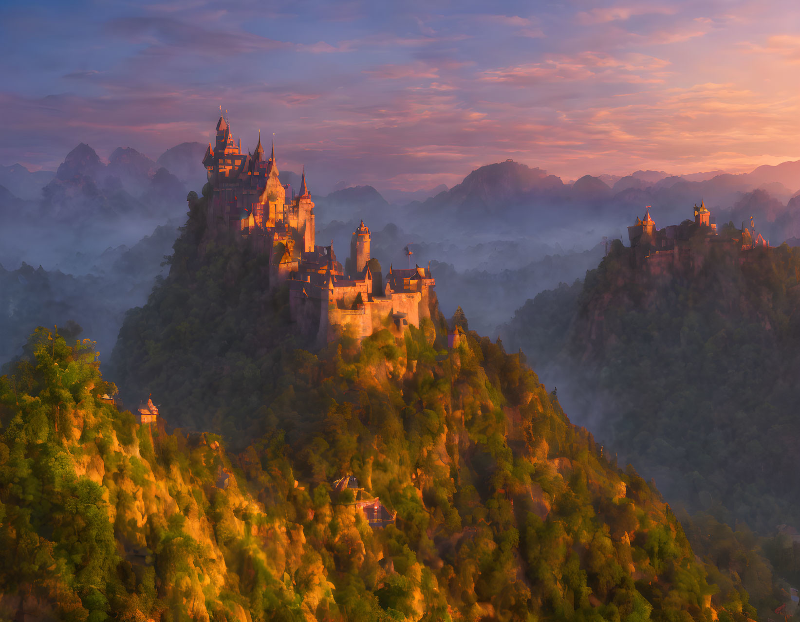 Majestic sunset view: Castle-topped mountains in misty glow