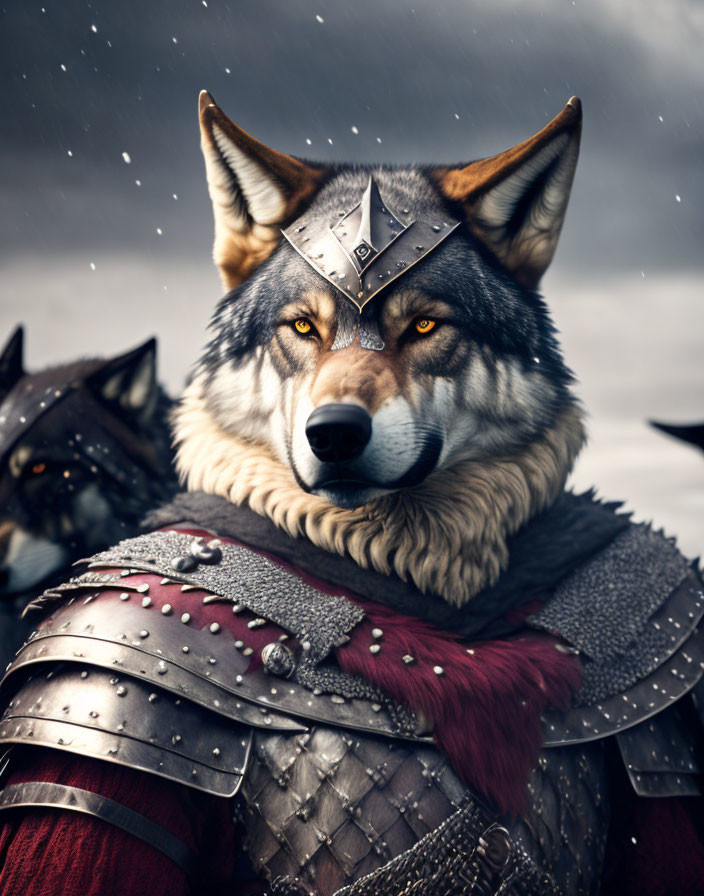 Detailed anthropomorphic wolf in medieval armor in snowy setting