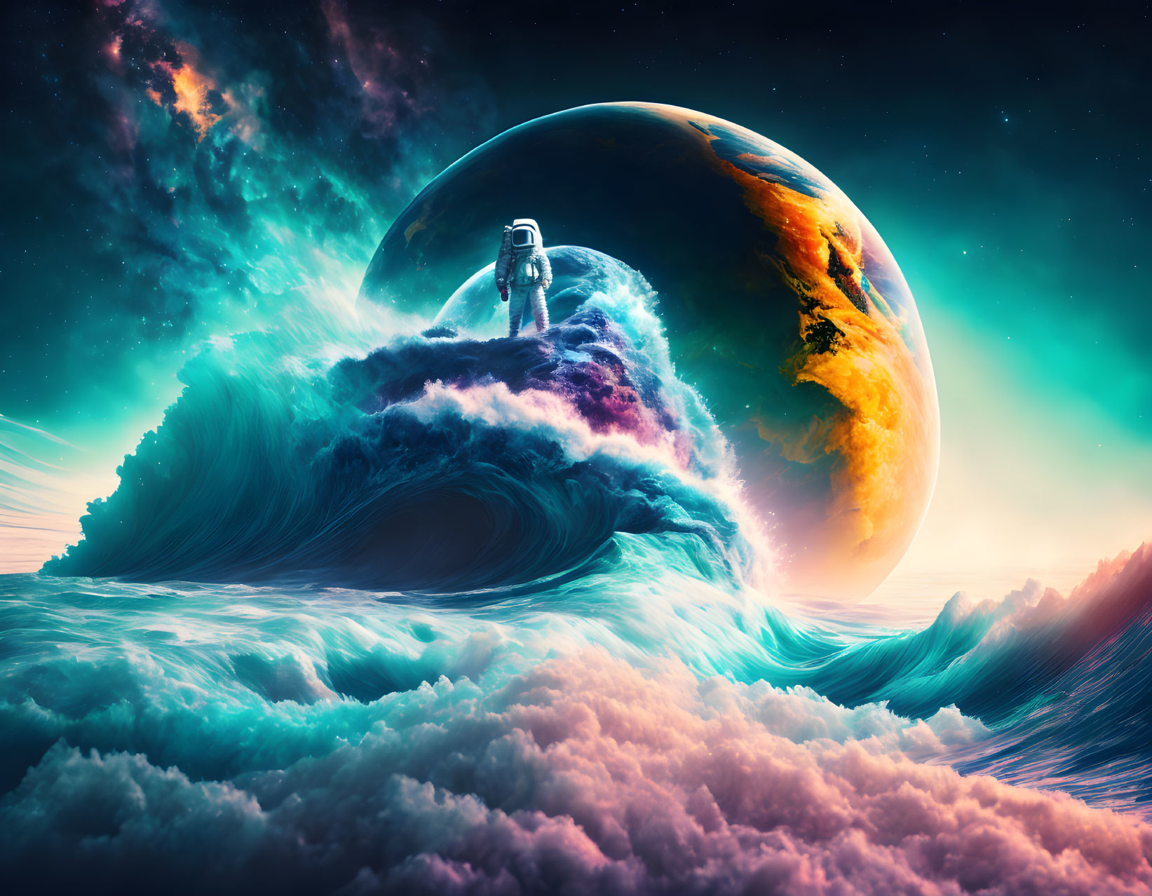 Astronaut on Wave with Planet and Nebula Background