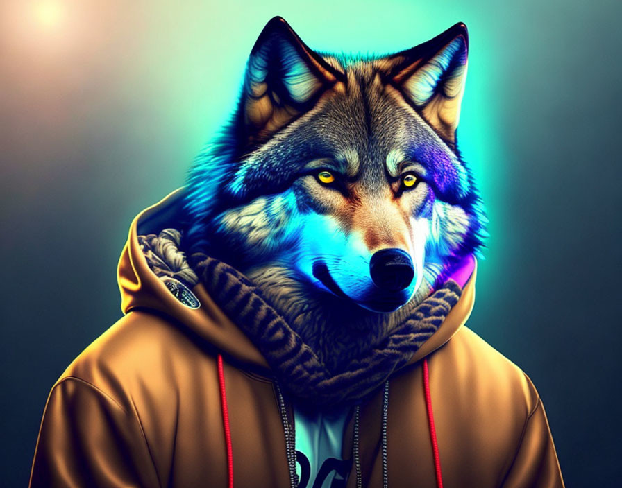 Stylized digital artwork: Wolf with human traits in hooded jacket