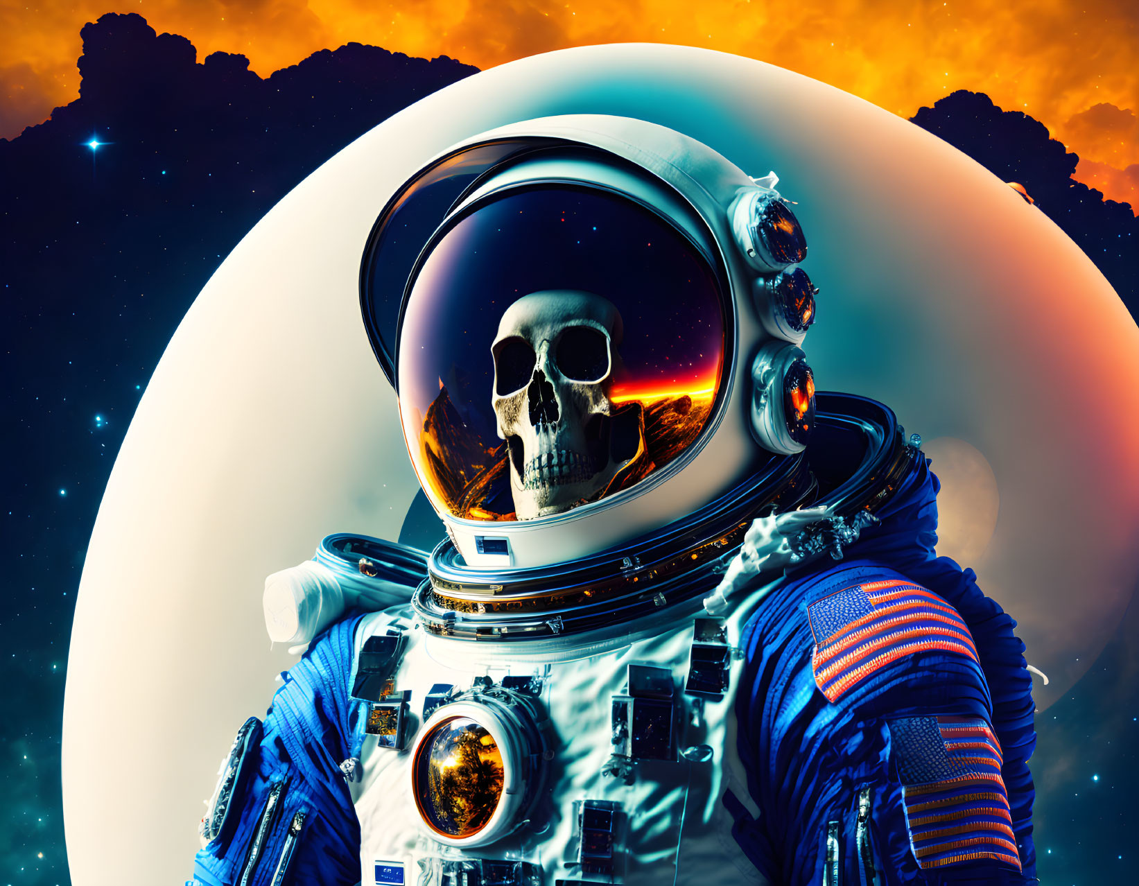 Astronaut in spacesuit with visible skull, colorful space scene, planet, and nebula