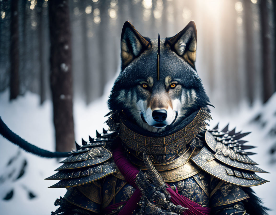 Samurai armor person with wolf head mask in misty forest.