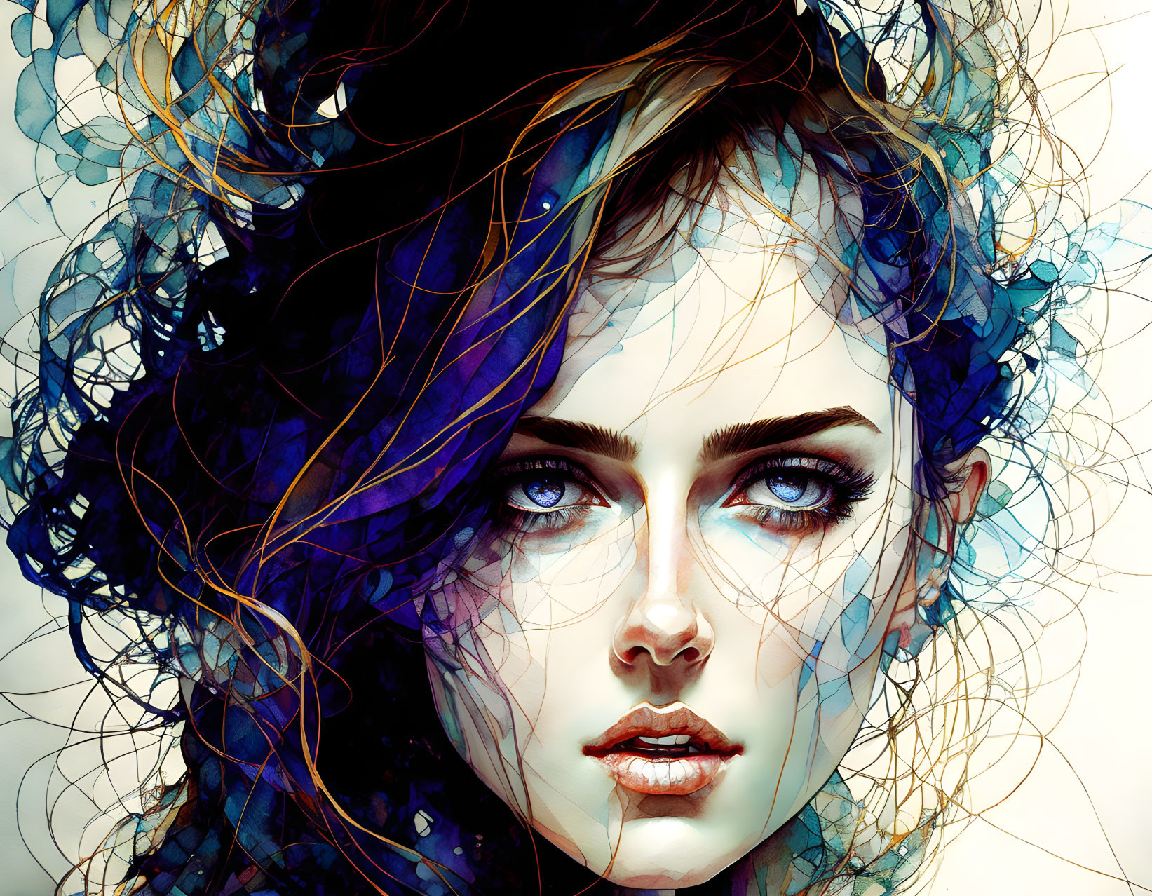 Colorful digital art: Woman with blue eyes and abstract blue & black tendrils.