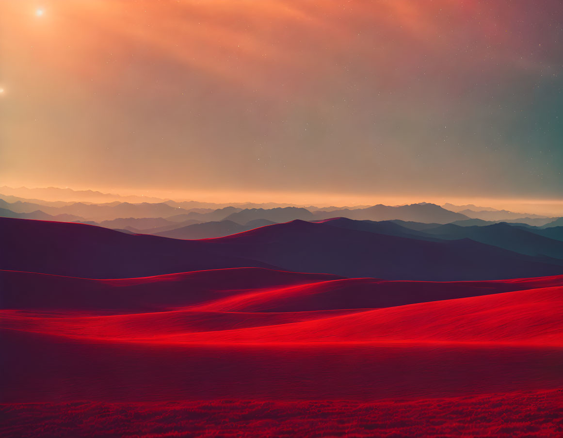 Ethereal red and starry sky over layered mountain ranges