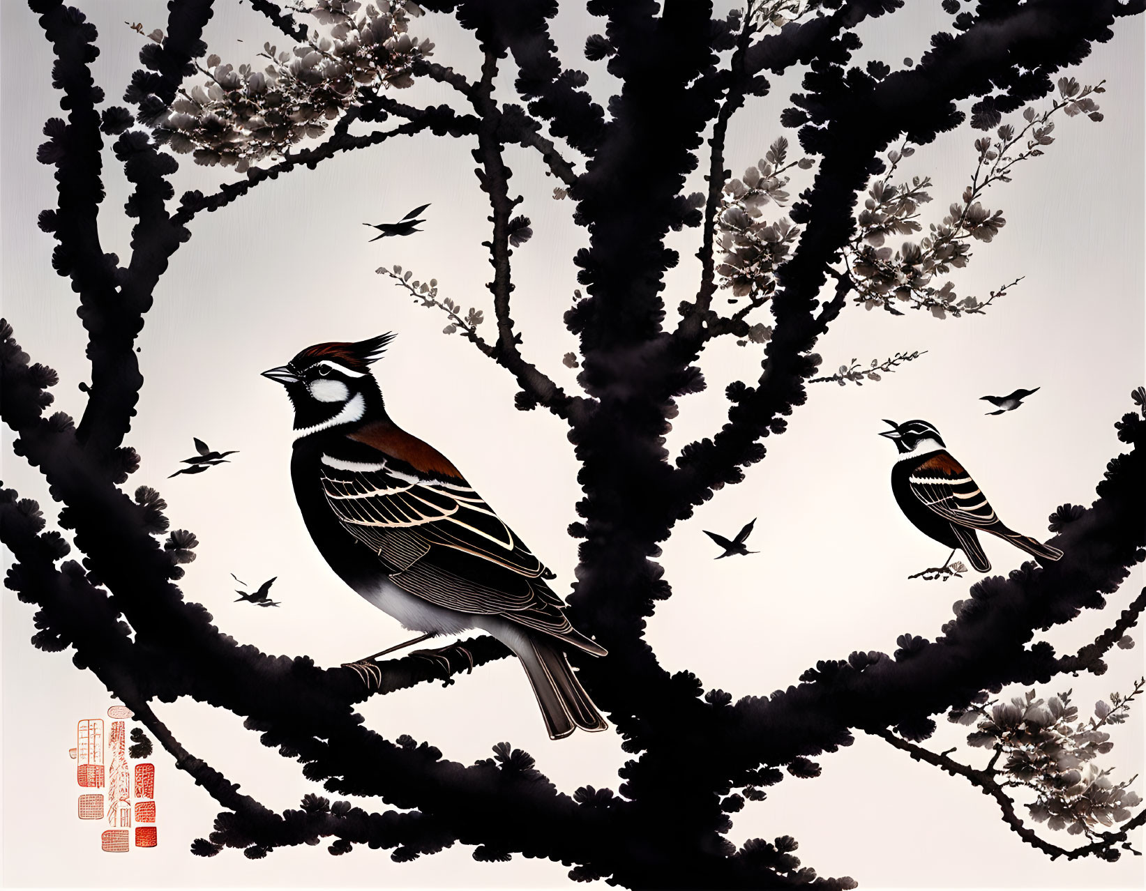 Sparrows on blossoming branches with flying bird silhouettes on pale background