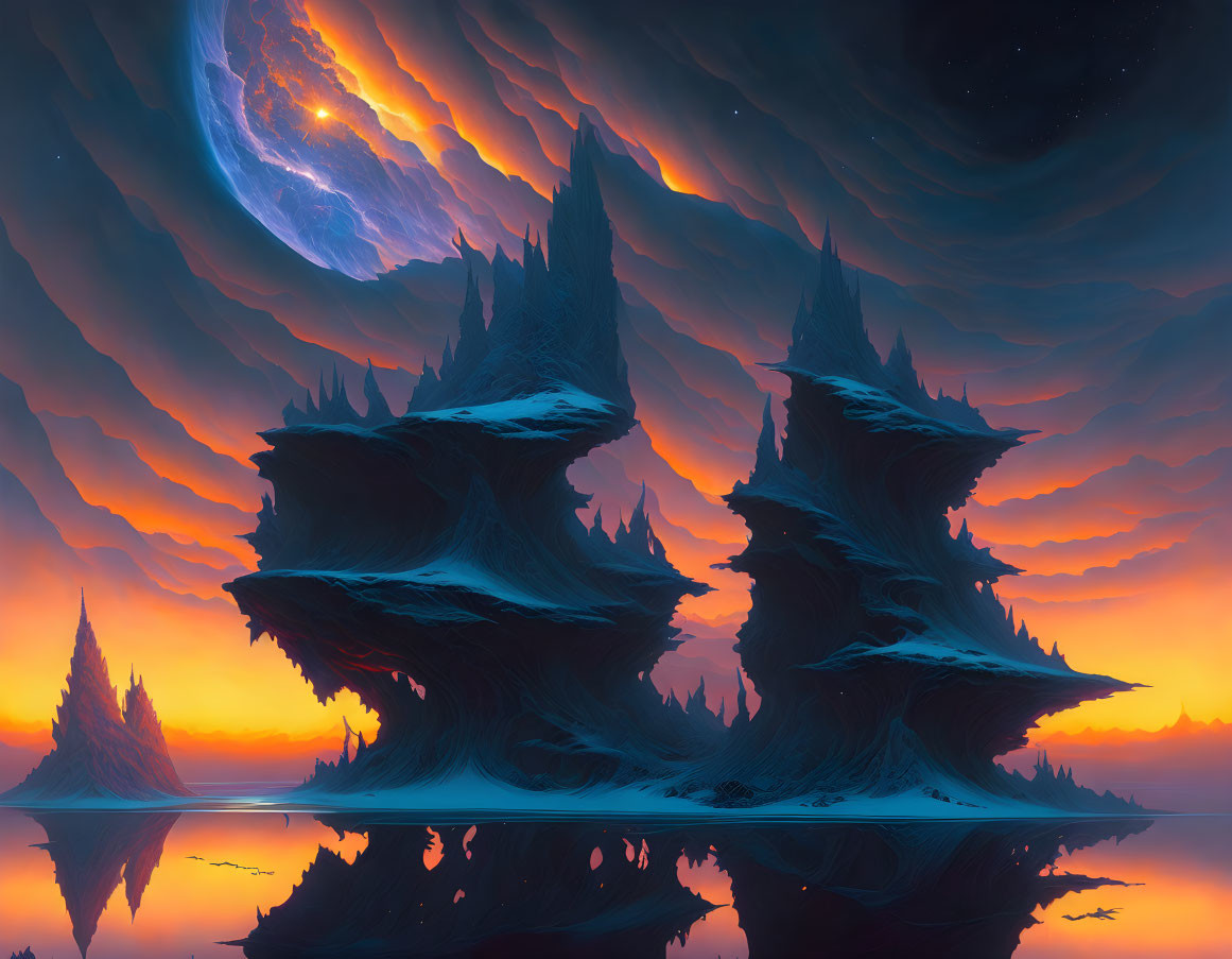 Digital artwork: Vibrant floating rock formations under alien sky