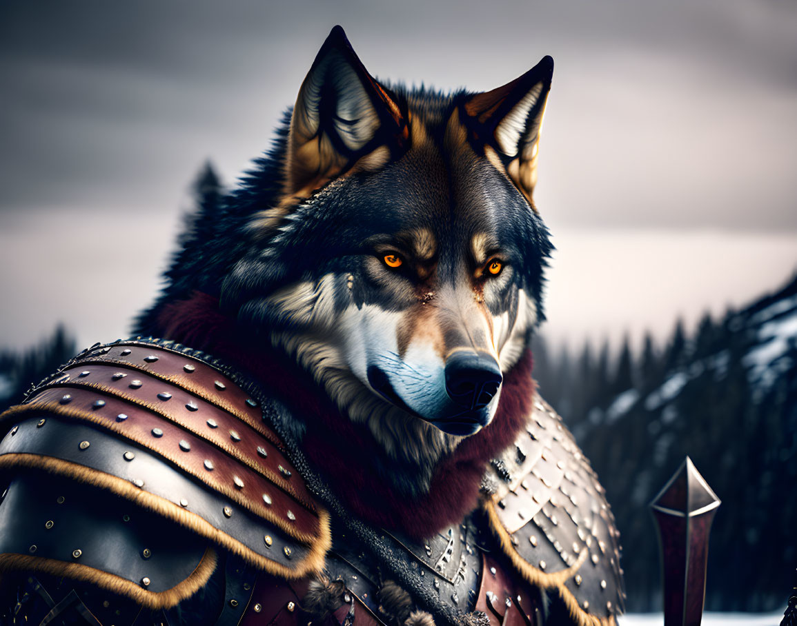 Armored wolf in snowy mountain landscape