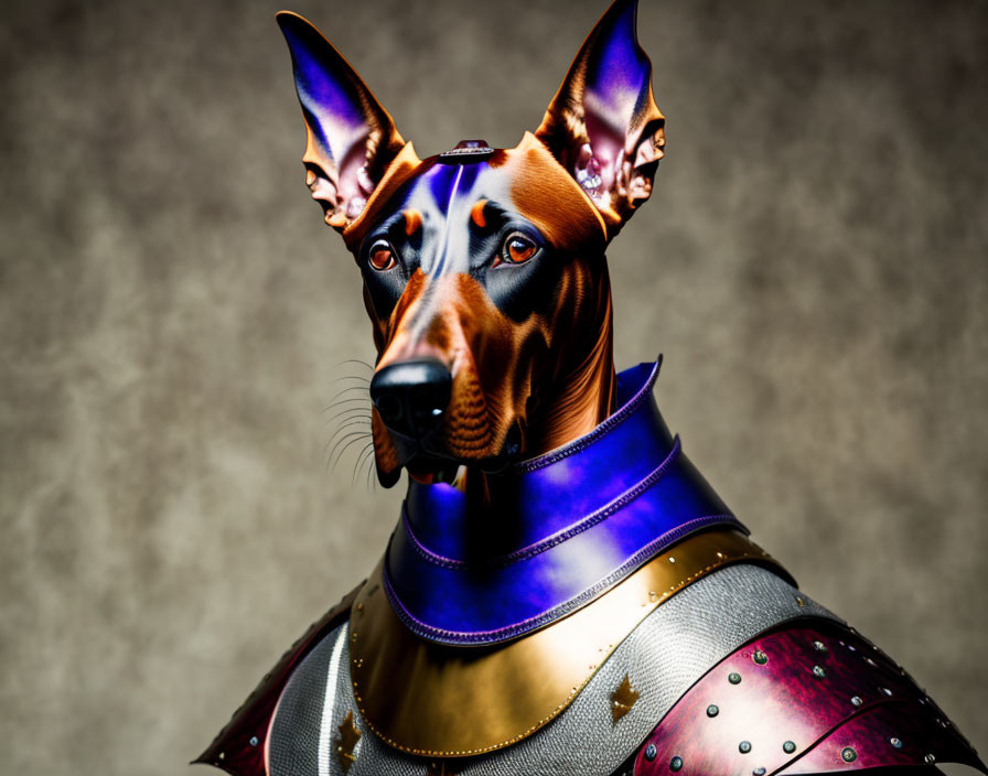 Doberman head on medieval armor against gray background