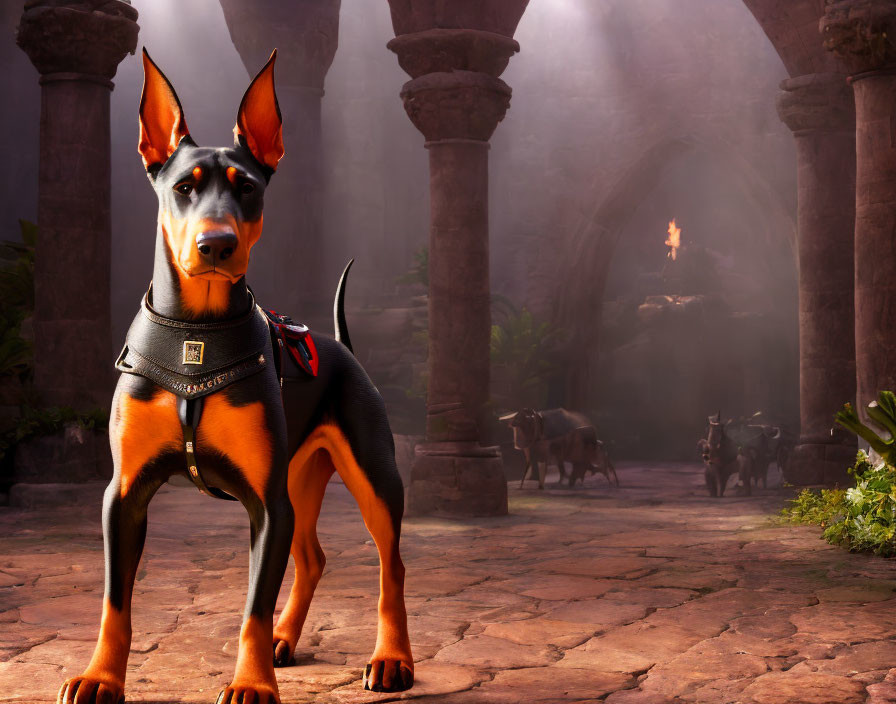 Alert Doberman in harness in mystical setting with stone pillars and bulls under soft light.