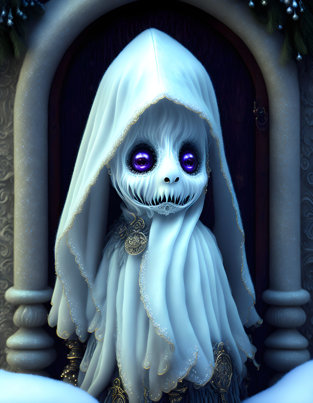 Mystical creature with skull-like face and glowing purple eyes in ornate cloak