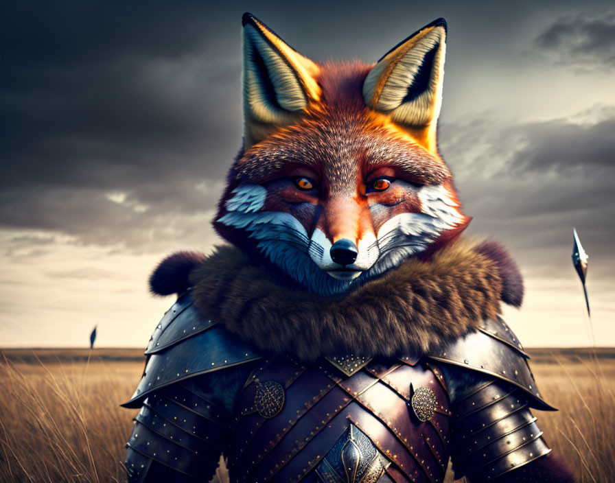 Anthropomorphic fox in medieval armor on grassy landscape under cloudy sky