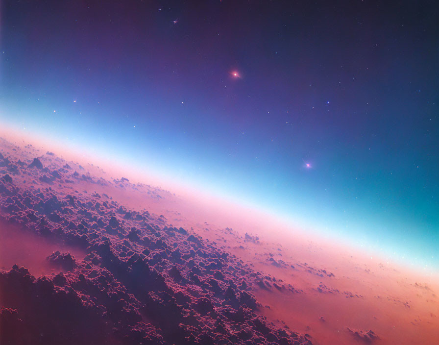 Scattered clouds over Earth's horizon in space with blue and pink hues