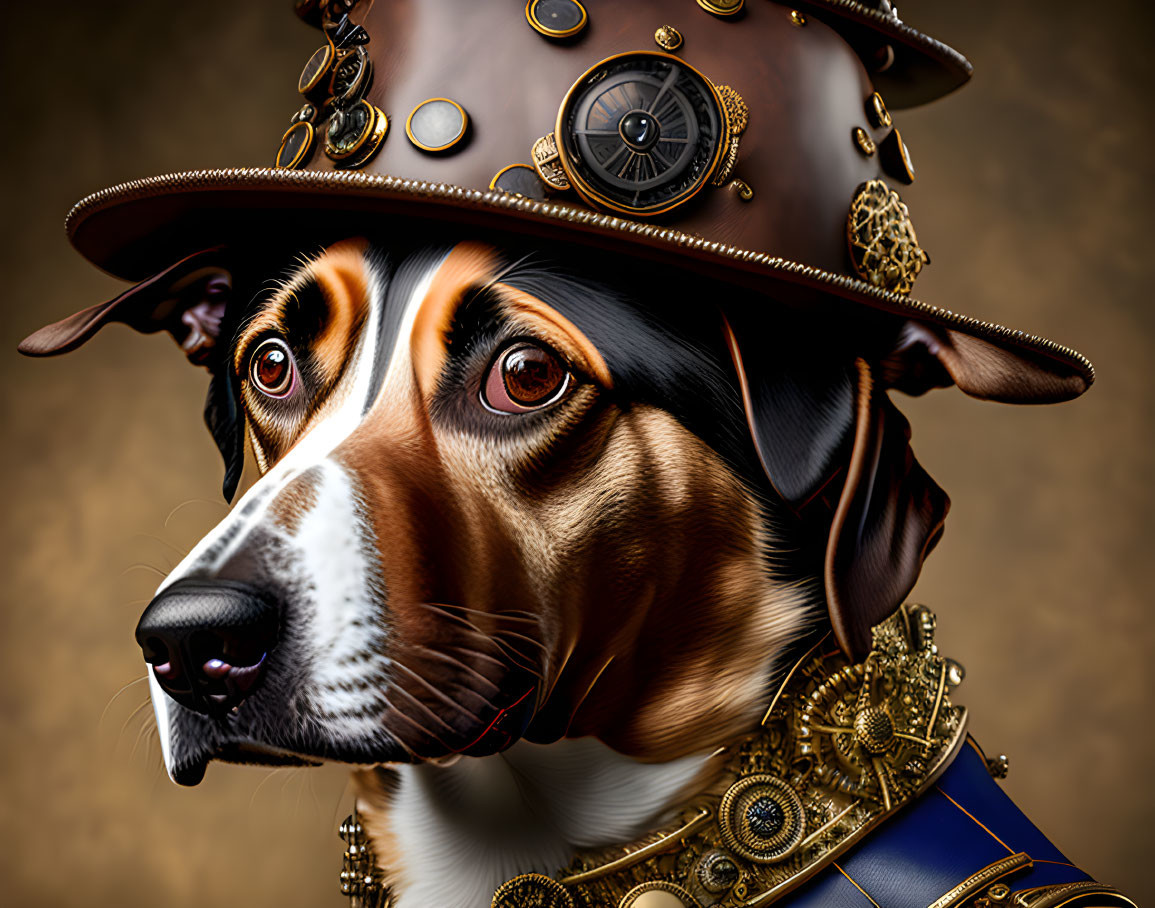 Steampunk-style dog with human-like eyes in digital art