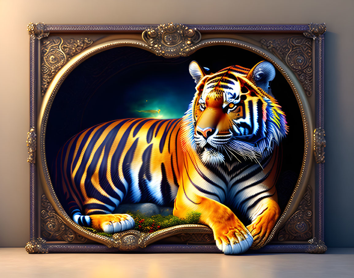 Heart-shaped frame with vivid tiger against starry backdrop