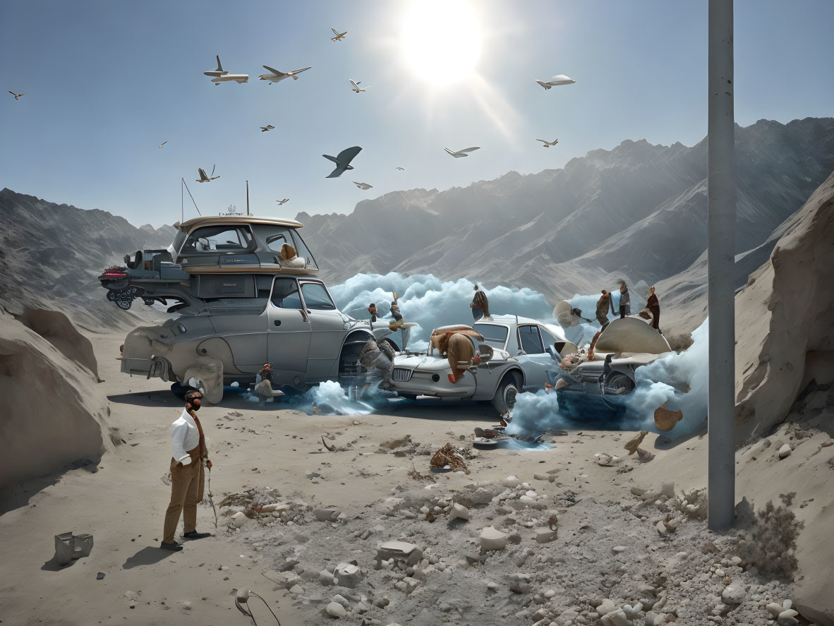 Surreal desert scene with people, cars emitting clouds, flying birds, and central observer