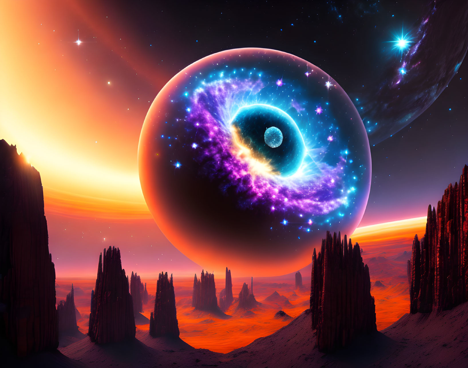 Colorful sci-fi landscape with towering rock formations and celestial bodies.