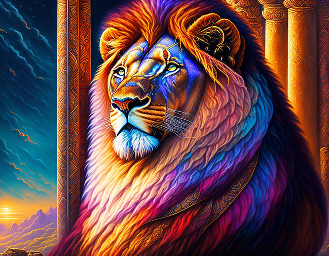 Colorful digital artwork: Majestic lion with multicolored mane in sunset sky.