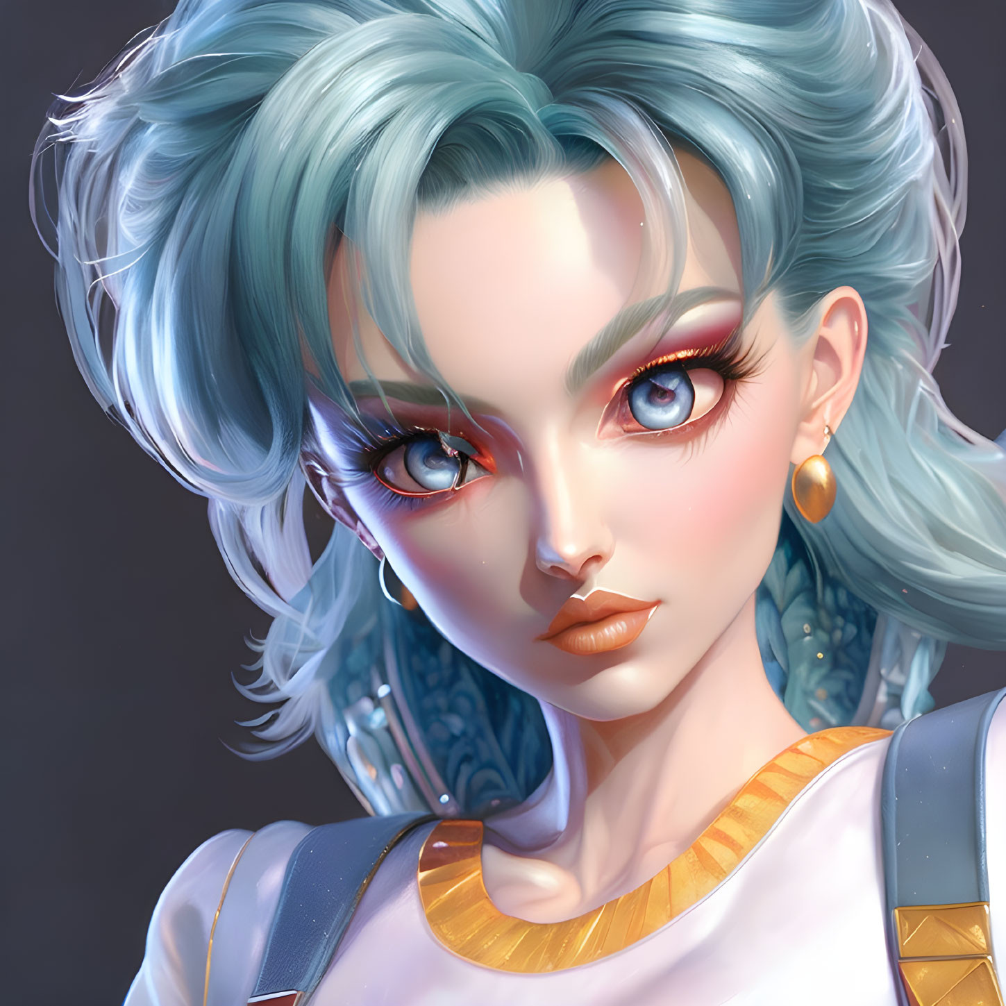 Illustration: Girl with Turquoise Hair, Amber Eyes, Gold Earrings, White & Gold Out