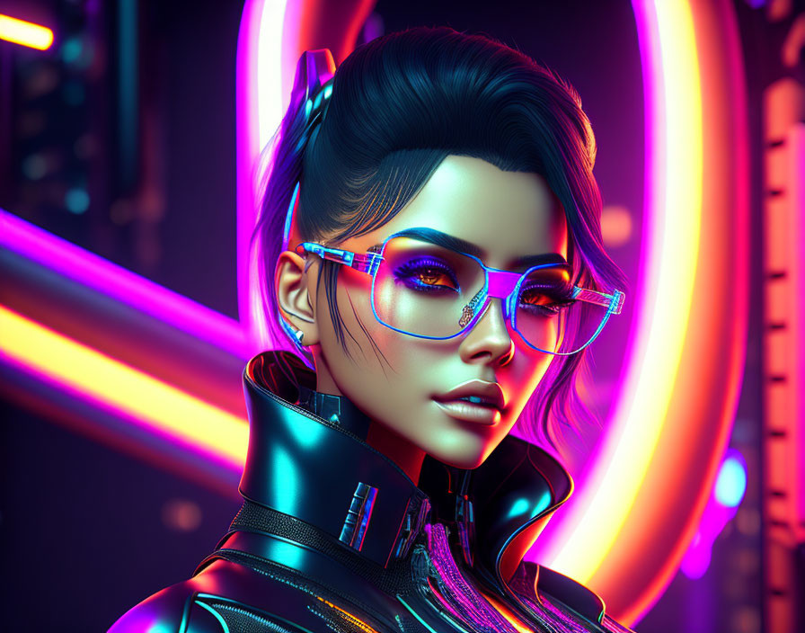 Futuristic digital artwork of a woman with neon glasses and stylish hair