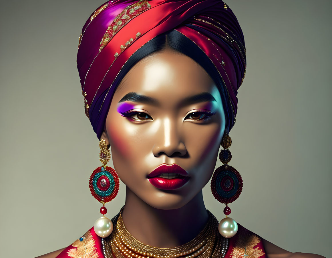 Colorful headwrap and striking makeup portrait of a woman.