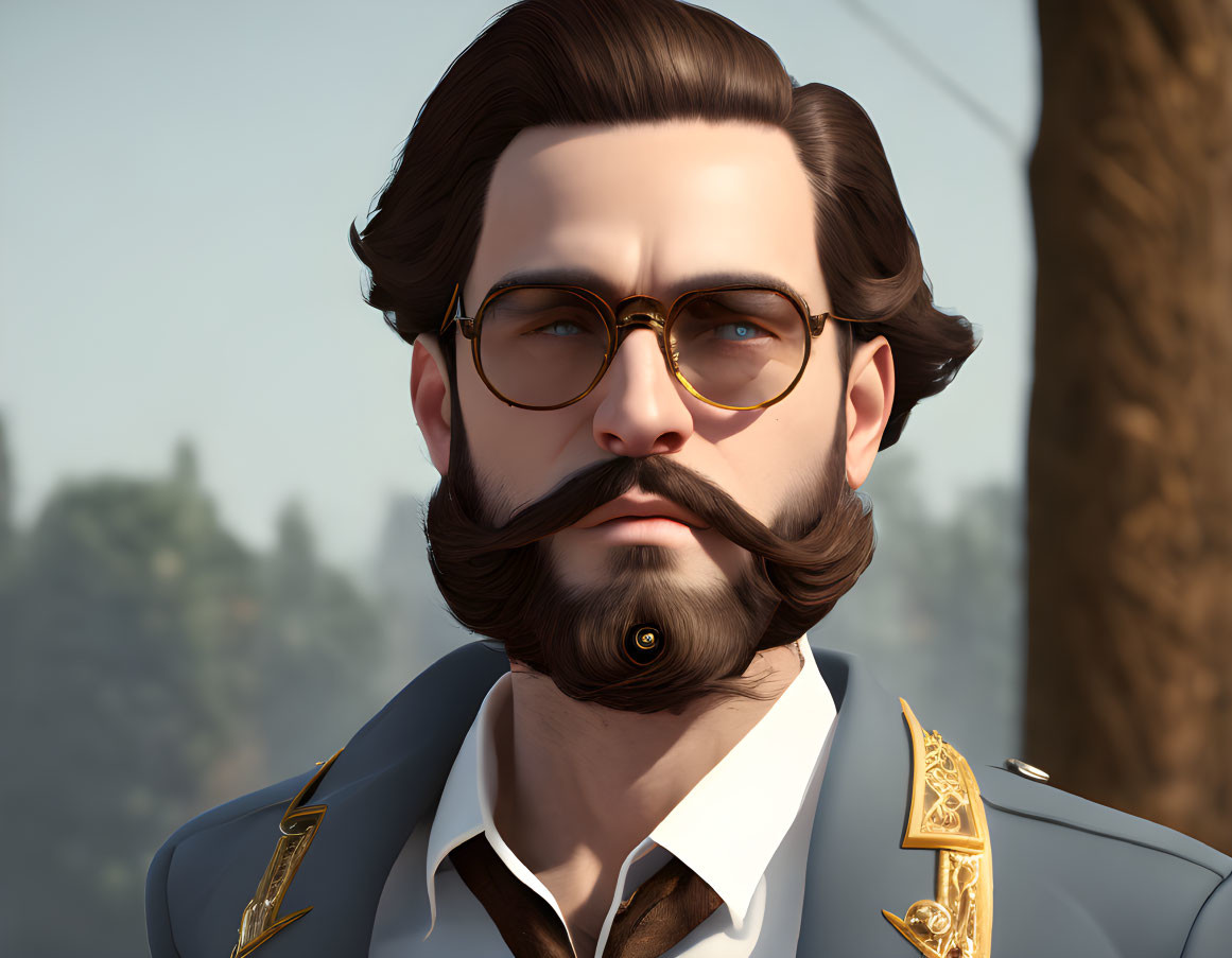 Male character with styled beard, gold-rimmed glasses, military jacket in 3D render