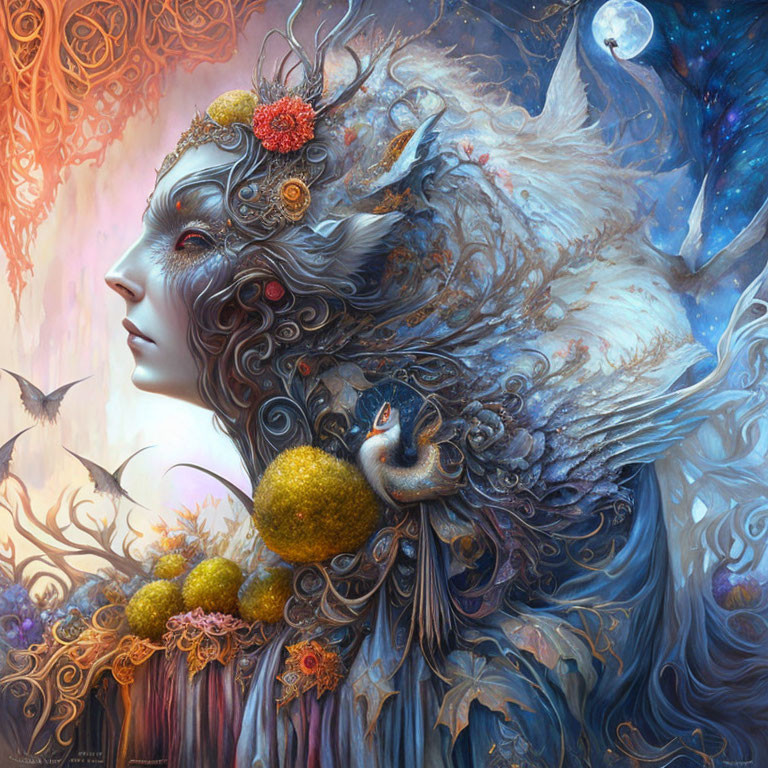 Ethereal female figure with botanical and celestial motifs in cosmic backdrop