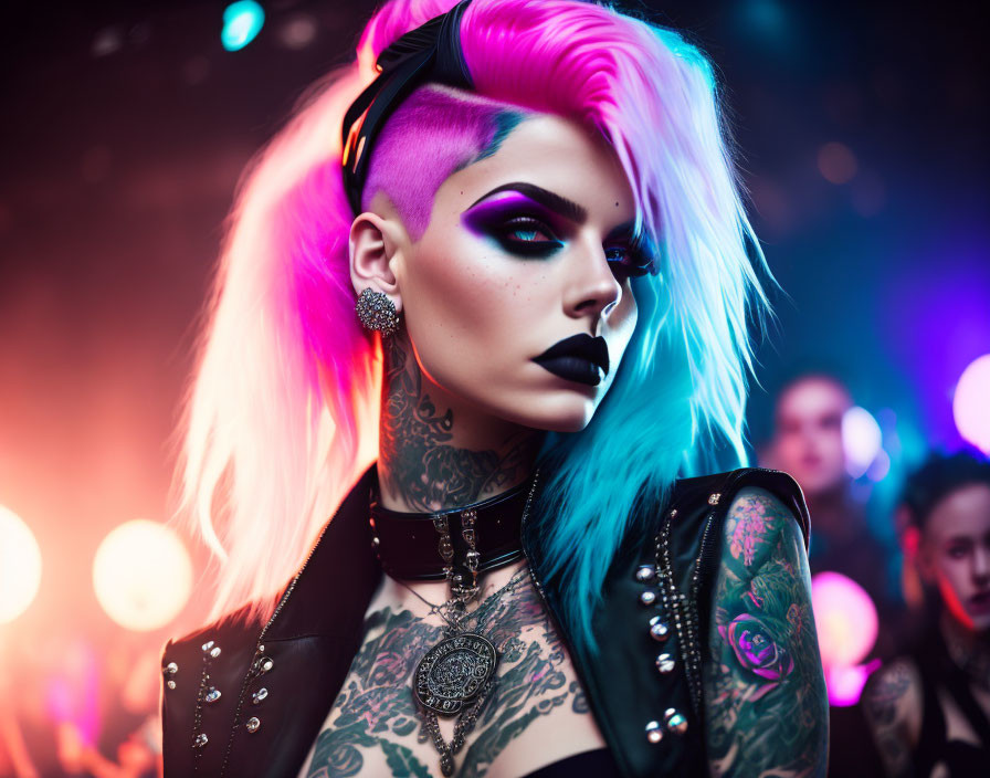 Person with Half Pink, Half Blue Hair and Tattoos in Dramatic Makeup and Punk Accessories on Bl