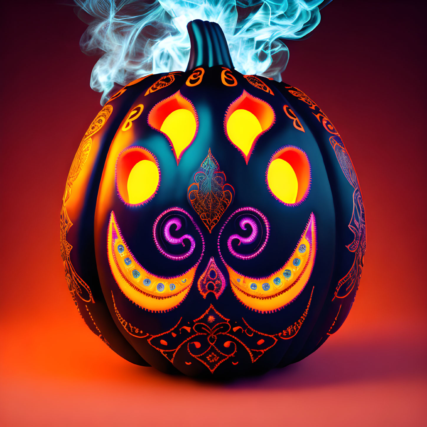 Digitally created ornate pumpkin emitting blue smoke on gradient background