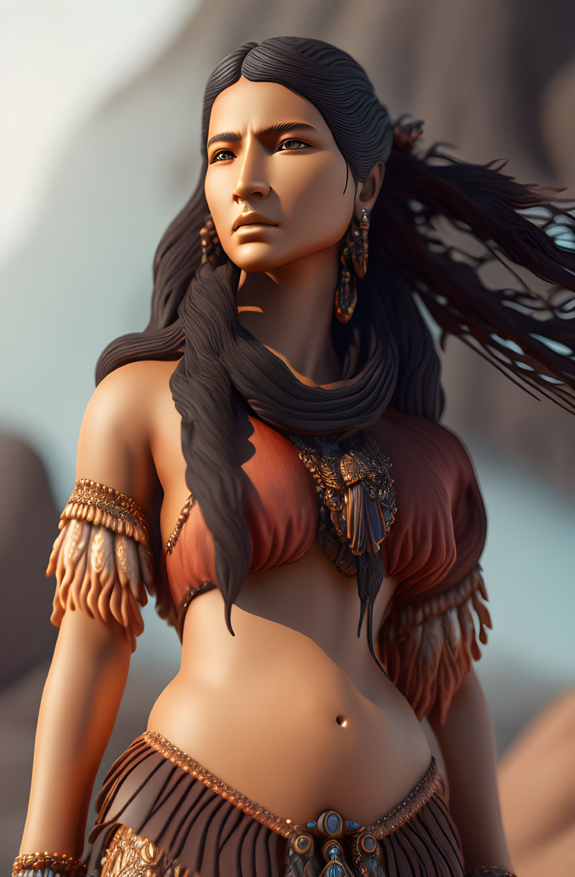 3D rendered image: Woman with flowing hair, traditional attire, intricate jewelry, feathered accessory