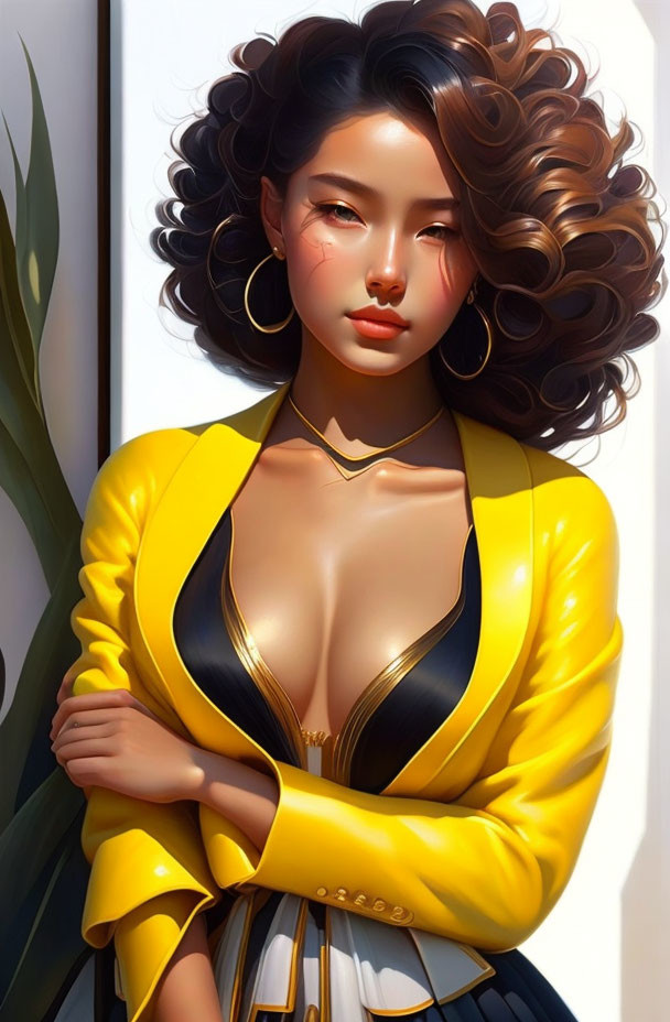 Illustration of woman with curly hair in yellow jacket, black top, gold jewelry, posing by plant