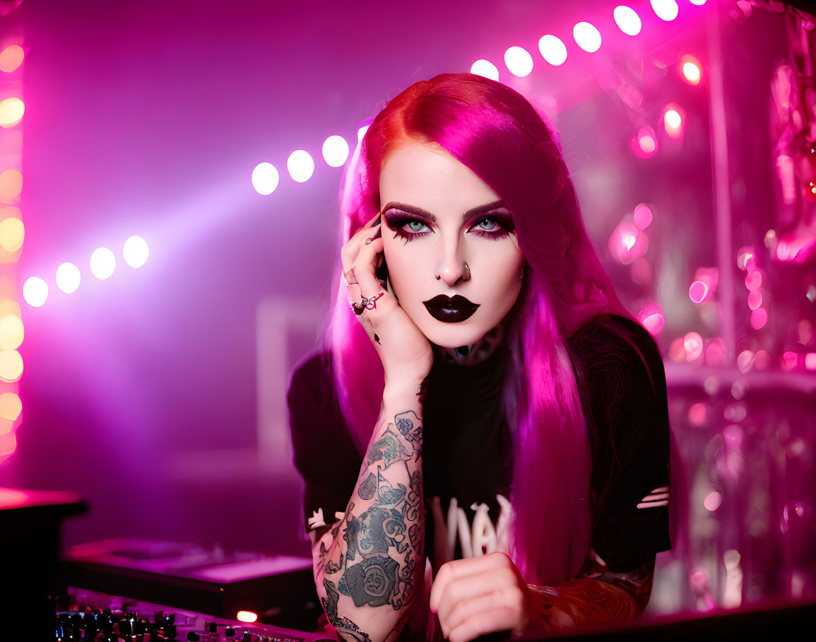 Tattooed Woman with Purple Hair and Gothic Makeup in Pink Stage Lights