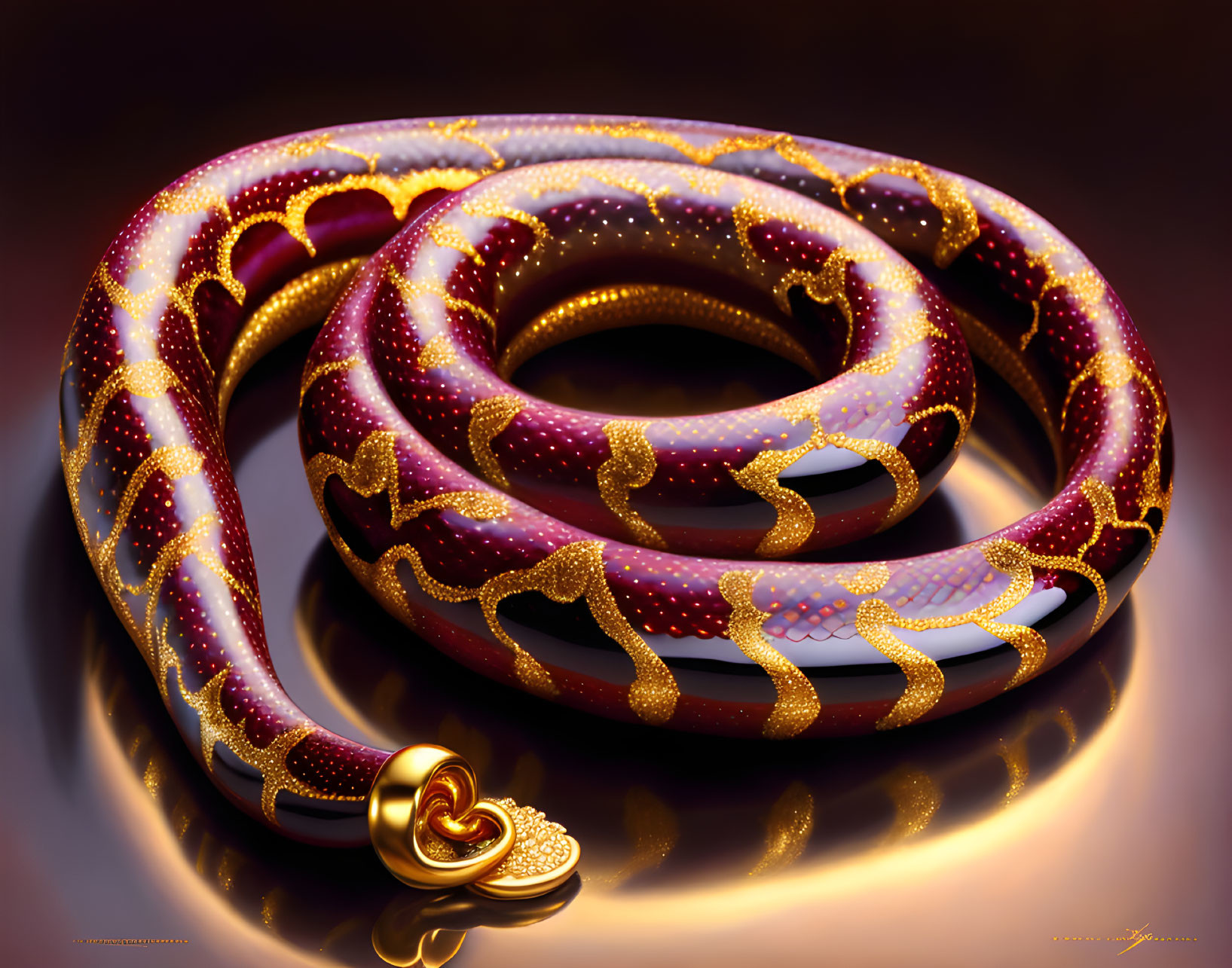 Golden and Purple Snake 3D Rendering with Sparkling Accents