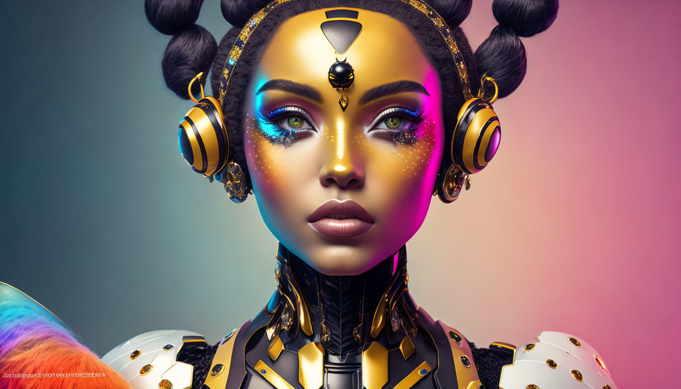 Female character with gold and black cybernetic enhancements and futuristic headphones.