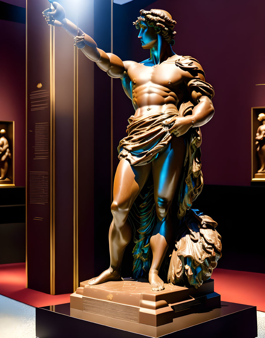 Muscular male statue in contrapposto pose with laurel wreath and torch.