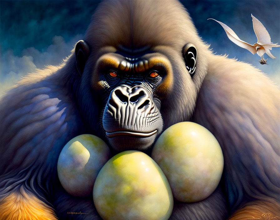 Realistic gorilla illustration with glowing orbs and bird in background