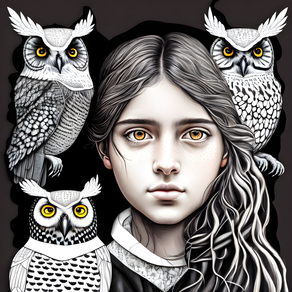 Digital artwork: Woman with yellow eyes, surrounded by three owls on dark background