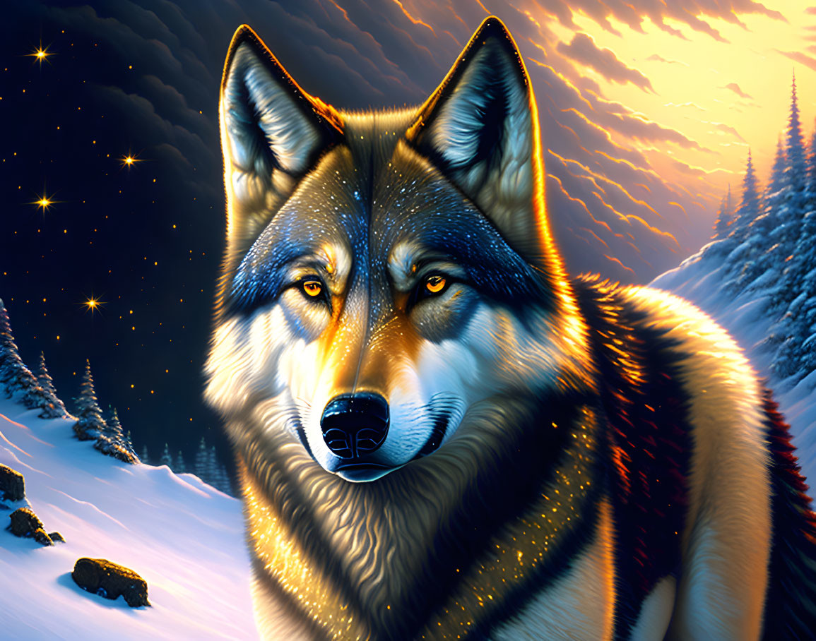 Detailed Wolf Illustration in Nocturnal Winter Setting