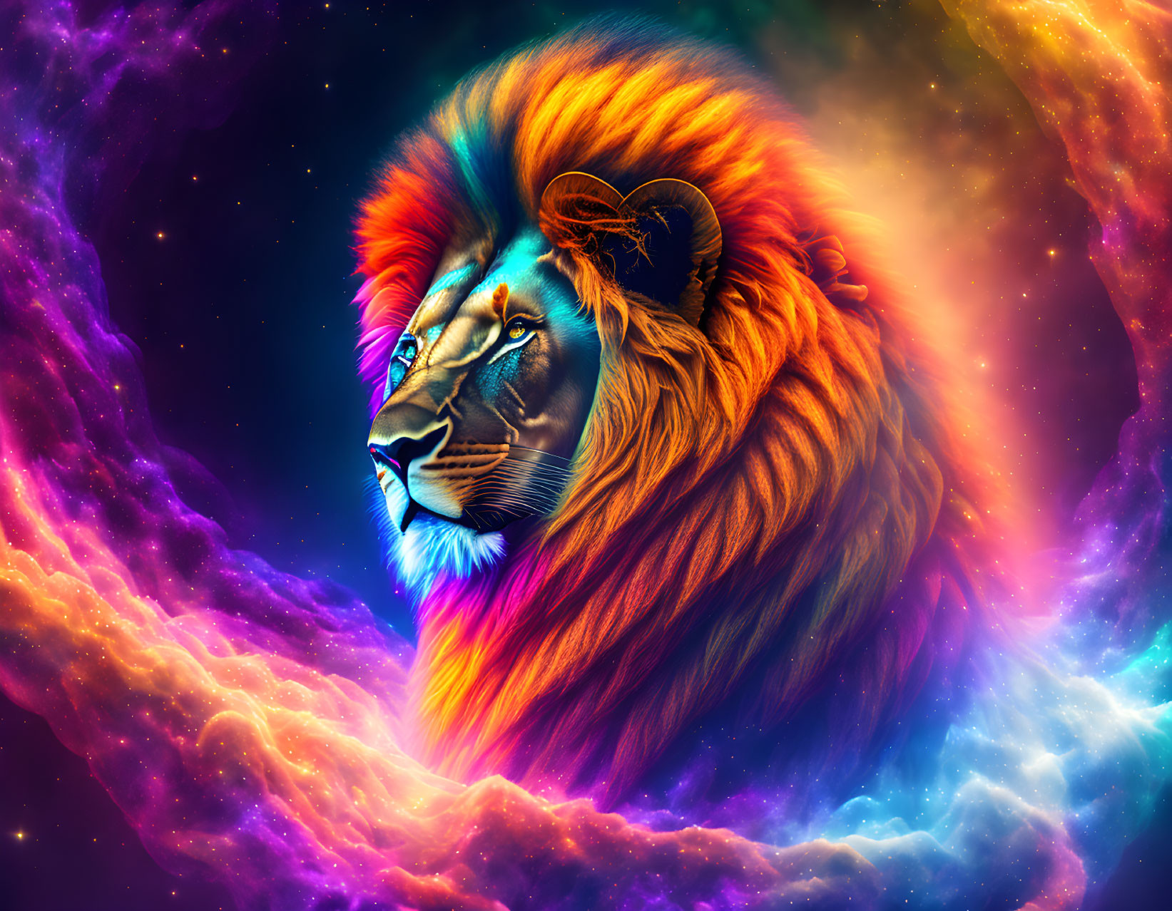 Colorful lion's head with neon mane in cosmic galaxy setting