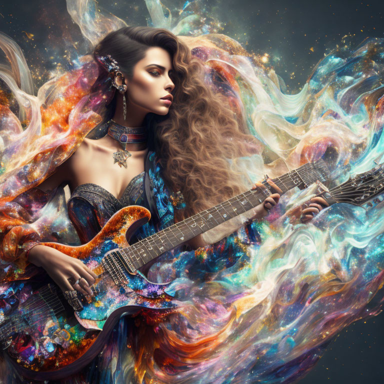 Woman with voluminous hair plays cosmic-themed guitar in vibrant nebula colors.