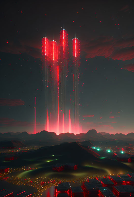 Futuristic high-rise buildings emit red light beams in cityscape at night