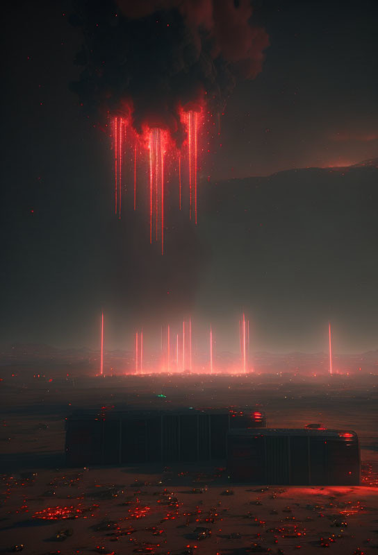 Dystopian landscape with red particle beams and ominous clouds