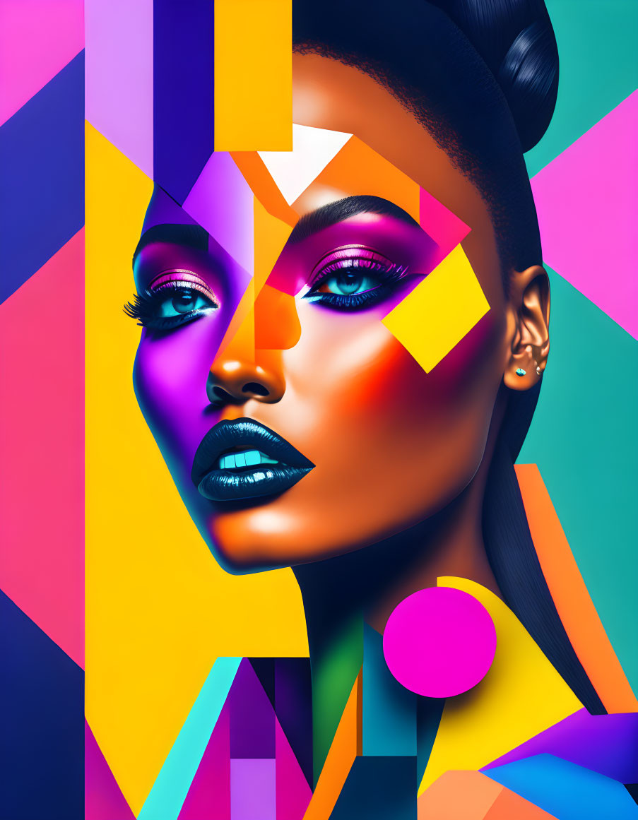 Colorful digital artwork: Woman with geometric shapes & bold colors, modern abstract beauty concept