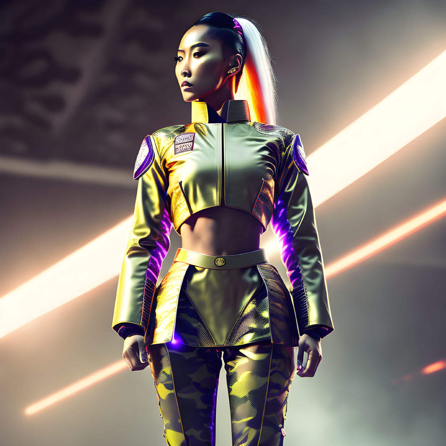 Futuristic woman in metallic outfit in neon-lit setting