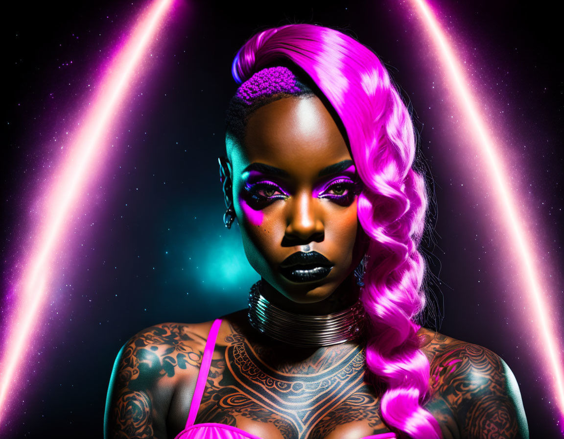 Vibrant pink hair woman with intricate tattoos under neon lights