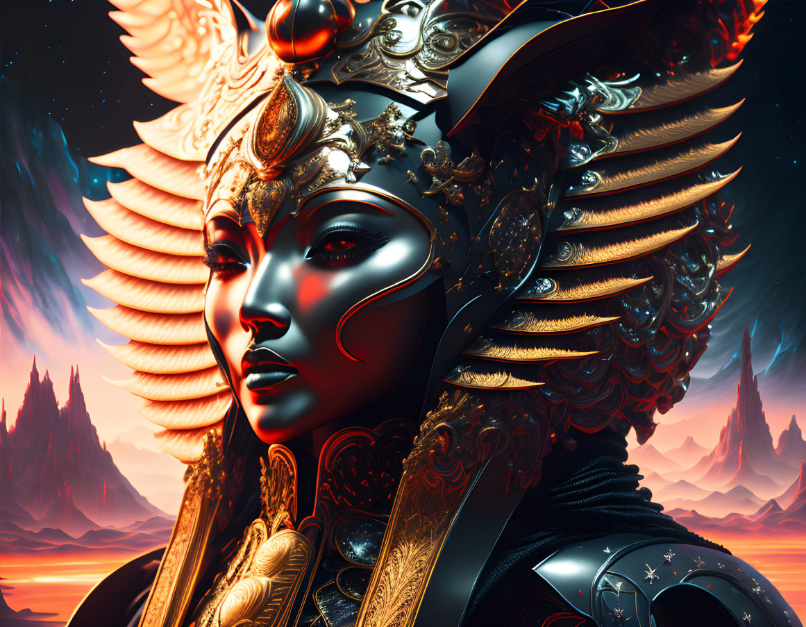 Golden armored deity-like figure in celestial setting with fiery backdrop.