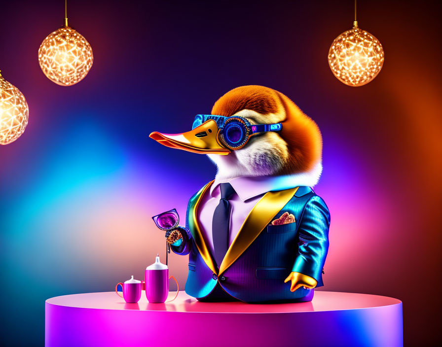 Animated duck in stylish attire at bar with drink and cocktail shaker