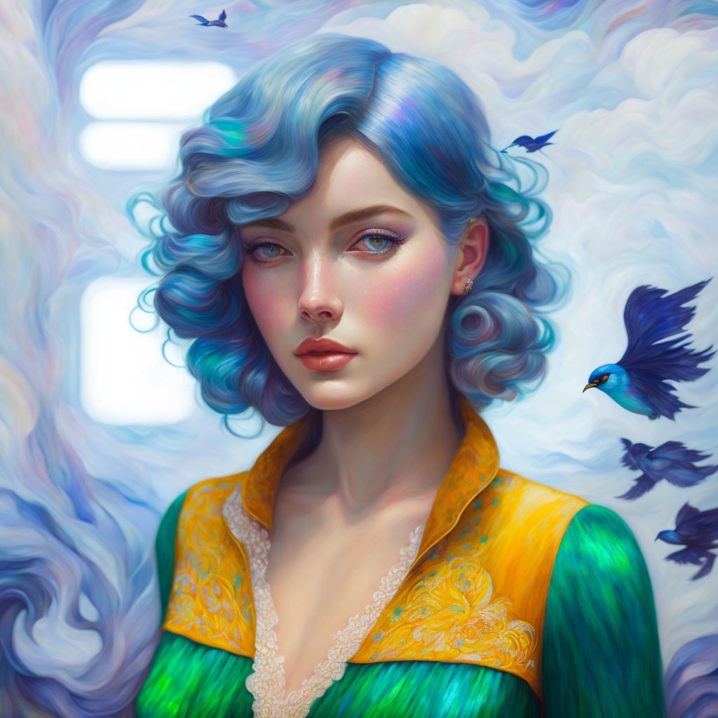 Colorful-haired woman in digital art with piercing eyes amidst clouds and birds.