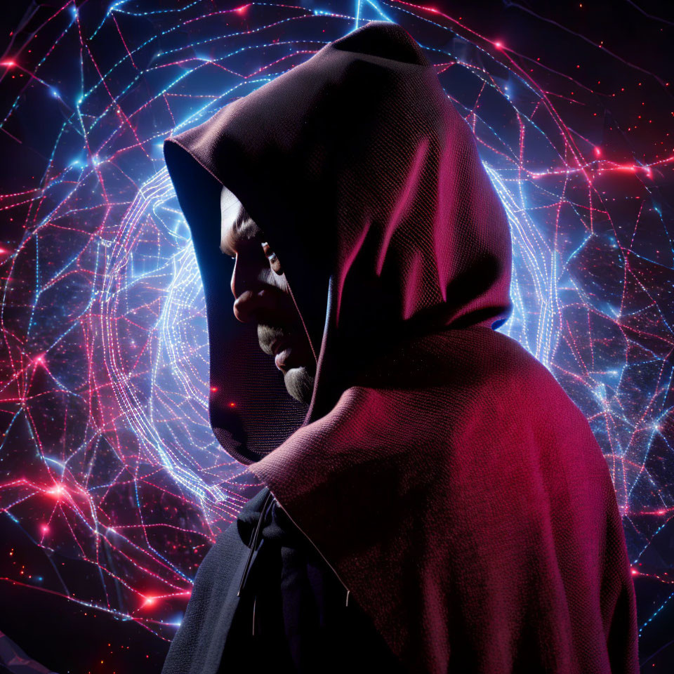 Person in Maroon Hoodie Against Vibrant Digital Network Backdrop