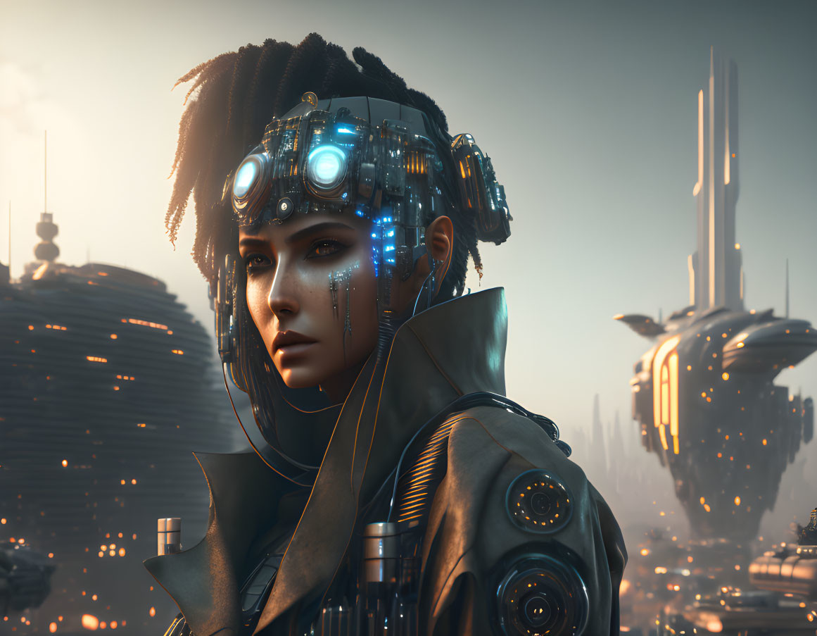 Futuristic female figure with advanced headgear in sci-fi cityscape