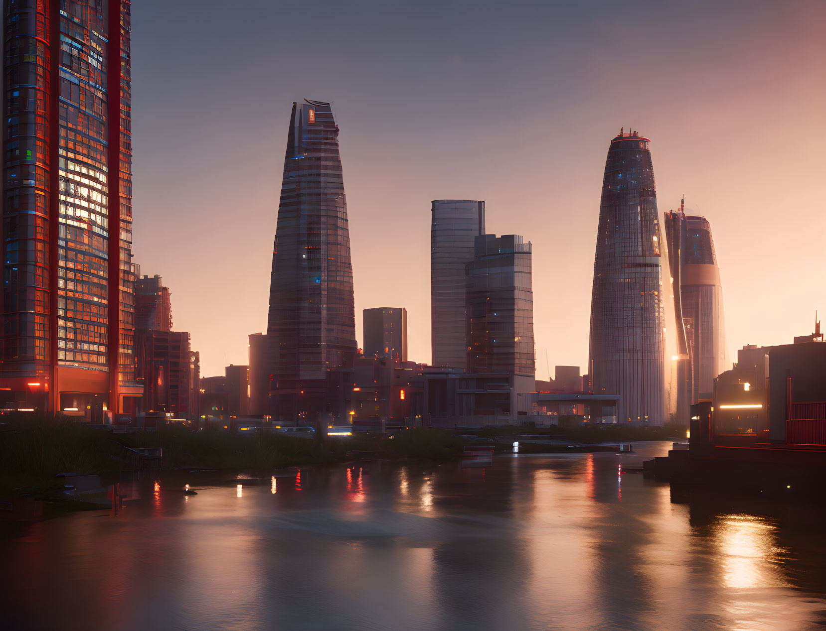 Modern city skyline reflected in calm river at sunset